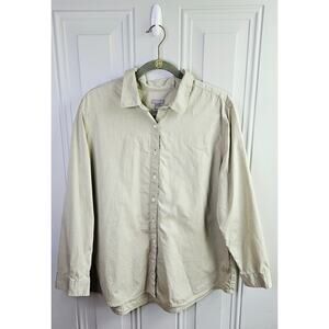 J Jill Casual Career Button UP Top Size Large Tan 100% Cotton Lagenlook Business
